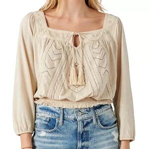 Lucky Brand Beaded Peasant Embroidered Top Blouse
